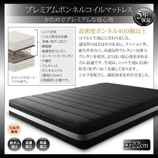 ブラックモダンベッド   プレミアムポケットコイルマットレスセット セミダブル 組立設置付