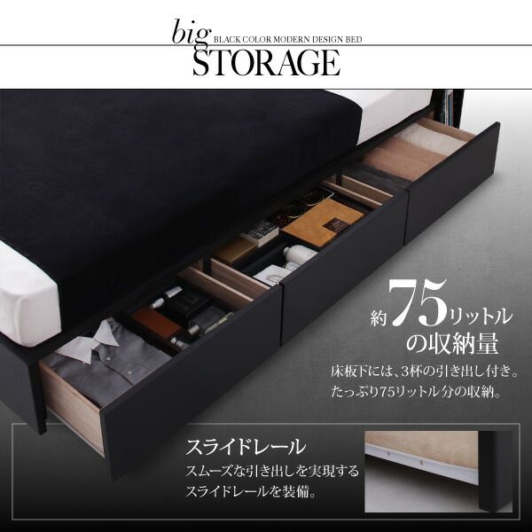 ブラックモダンベッド   プレミアムポケットコイルマットレスセット セミダブル 組立設置付