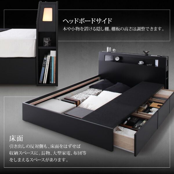 ブラックモダンベッド   プレミアムポケットコイルマットレスセット セミダブル 組立設置付