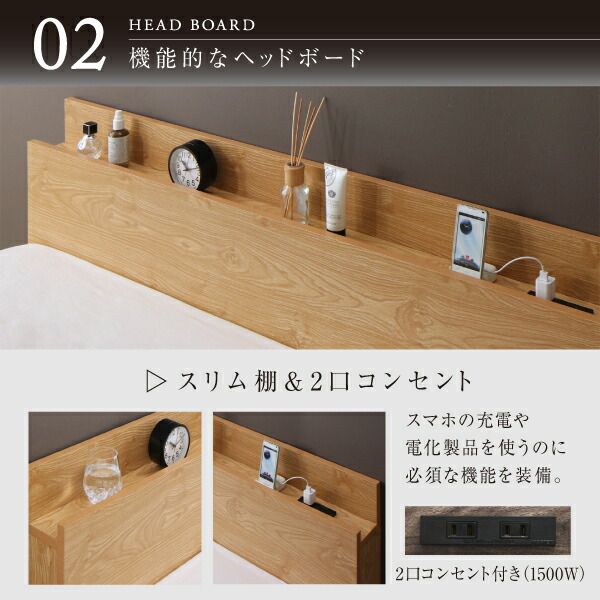 スーパSALE10倍＆4時間限定10％OFF 棚・コンセント付きデザインすのこベッド 国産カバーポケットコイルマットレス付き ダブル 組立設置付