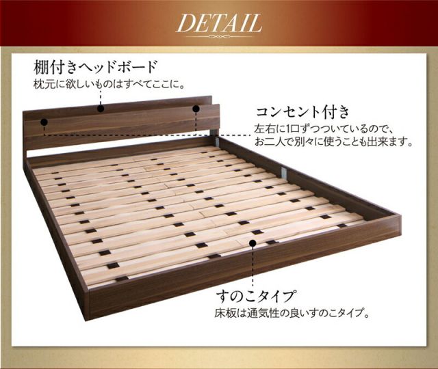 スーパSALE10倍＆4時間限定10％OFF ロングセラー フロアベッド クイーン クイーンベッド マットレス 一枚もの  ベッド 3人家族 2人 3人 棚付き 棚 コンセント付き 北欧 快適 ゆったり すのこ プレミアムボンネルコイルマットレス付き クイーン(Q×1) 組立設置付