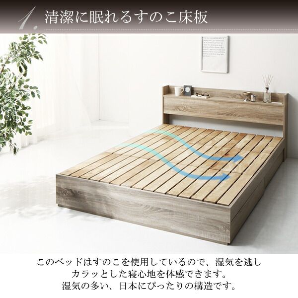 スーパSALE10倍＆4時間限定10％OFF 清潔に眠れる棚・コンセント付きすのこ収納ベッド 国産カバーポケットコイルマットレス付き シングル 組立設置付