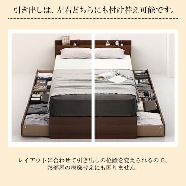 スーパSALE10倍＆4時間限定10％OFF 清潔に眠れる棚・コンセント付きすのこ収納ベッド 国産カバーポケットコイルマットレス付き シングル 組立設置付
