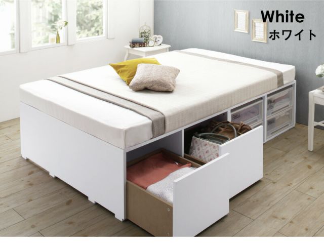 スーパSALE10倍＆4時間限定10％OFF ベッド ベッドフレーム マットレス付き フィッツ 木製 収納付きベッド 引き出し付き ヘッドレス 薄型プレミアムボンネルコイルマットレス付き ハイタイプ 引き出し4杯 セミダブル 組立設置付