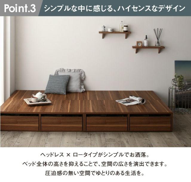 スーパSALE10倍＆4時間限定10％OFF ベッド ベッドフレーム マットレス付き フィッツ 木製 収納付きベッド 引き出し付き ヘッドレス 薄型プレミアムポケットコイルマットレス付き ロータイプ 引き出し4杯 セミダブル 組立設置付