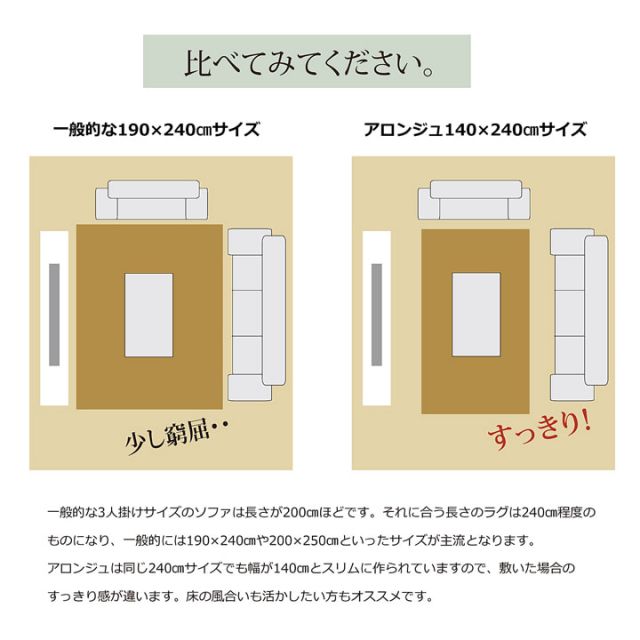 ラグ カーペット 3畳 『アロンジュ』 約140×340cm 裏:すべりにくい加工 （ホットカーペット対応）