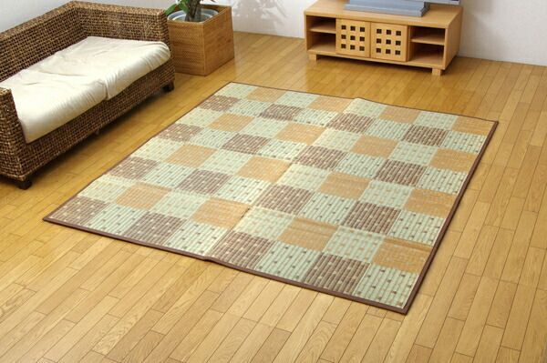 日本製 い草 ラグマット/絨毯 ブラウン 約191×191cm 防音 ボリューム仕様 裏ソフトテック15mm 調湿 抗菌 防臭 〔リビング〕代引NG