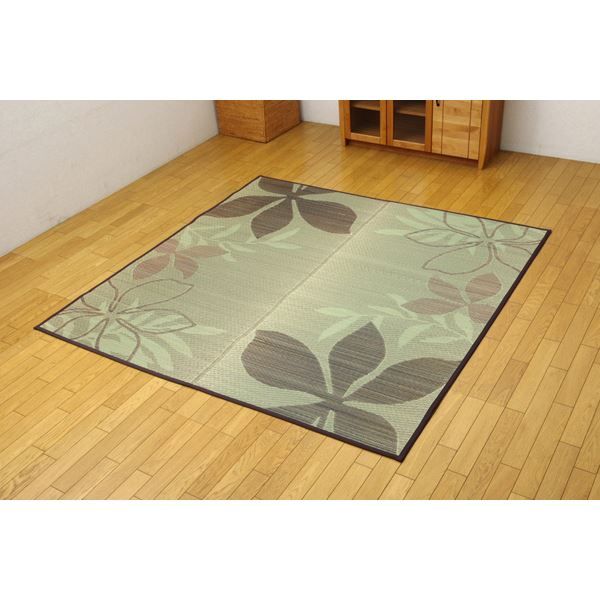 い草 ラグマット/絨毯 リーフ柄 ブラウン 約191×191cm 正方形 防滑加工 抗菌防臭 調湿 消臭 〔リビング〕代引NG