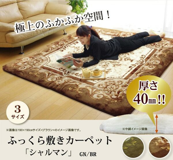 ラグマット/こたつ敷布団 グリーン 195×195cm 日本製固綿40mm使用 弾力性抜群 ふっくら極厚敷布団 〔リビング〕代引NG こたつ用布団・カバー こたつ用敷布団