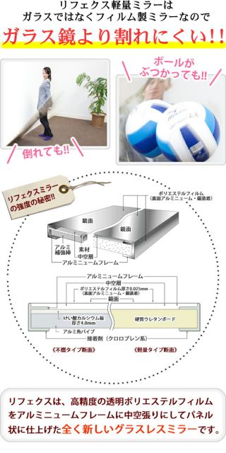 割れない大型 スタンドミラー/全身姿見鏡 キャスター 90×180×2.7cm シルバー 日本製 軽量 プロ仕様 『REFEX リフェクス』代引NG 鏡 スタンドミラー