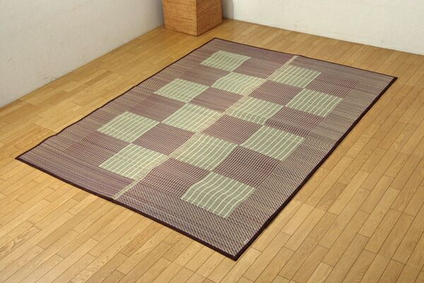 日本製 い草 ラグマット/絨毯 格子柄 ブルー 約191×191cm 裏地ウレタン 調湿 抗菌防臭 シンプルモダン 〔リビング〕代引NG