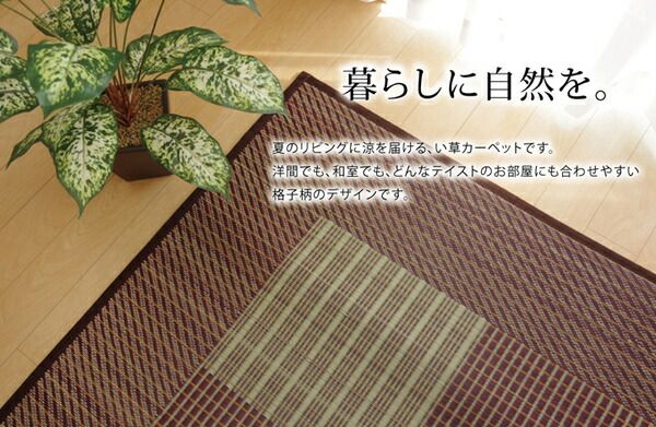日本製 い草 ラグマット/絨毯 格子柄 ブルー 約191×191cm 裏地ウレタン 調湿 抗菌防臭 シンプルモダン 〔リビング〕代引NG