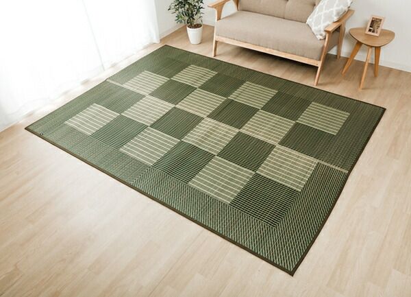 日本製 い草 ラグマット/絨毯 格子柄 ブルー 約191×250cm 裏地ウレタン 調湿 抗菌防臭 シンプルモダン 〔リビング〕代引NG