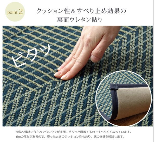 日本製 い草 ラグマット/絨毯 格子柄 ブルー 約191×250cm 裏地ウレタン 調湿 抗菌防臭 シンプルモダン 〔リビング〕代引NG