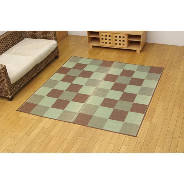 い草 花ござ/ラグマット ブロック柄 ブラウン 江戸間2畳 174×174cm 日本製 耐久性抜群 抗菌 防臭 調湿 〔リビング〕代引NG