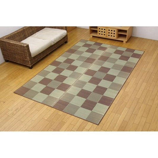 い草 花ござ/ラグマット ブロック柄 ブラウン 江戸間6畳 261×352cm 日本製 耐久性抜群 抗菌 防臭 調湿 〔リビング〕代引NG