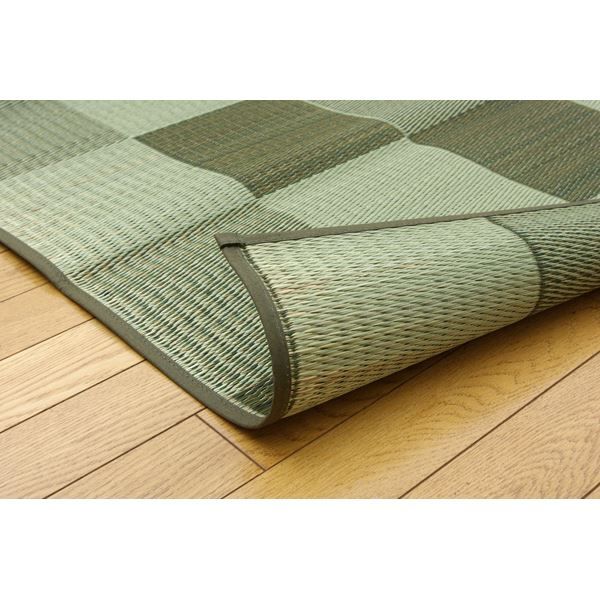 い草 花ござ/ラグマット ブロック柄 グリーン 江戸間2畳 174×174cm 日本製 耐久性抜群 抗菌 防臭 調湿 〔リビング〕代引NG