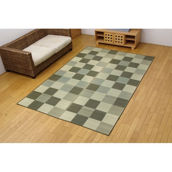 い草 花ござ/ラグマット ブロック柄 グリーン 江戸間3畳 174×261cm 日本製 耐久性抜群 抗菌 防臭 調湿 〔リビング〕代引NG