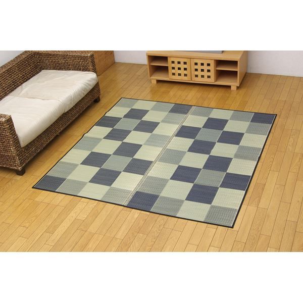 い草 花ござ/ラグマット ブロック柄 グレー 江戸間2畳 174×174cm 日本製 耐久性抜群 抗菌 防臭 調湿 〔リビング〕代引NG