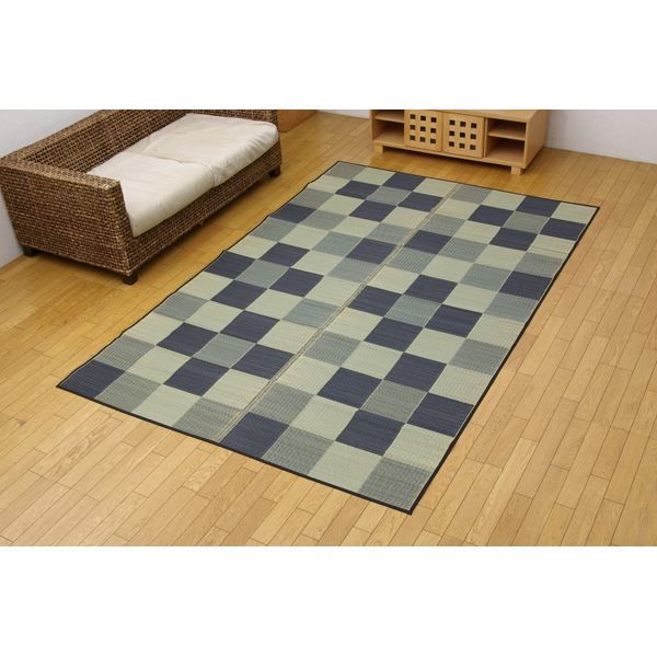い草 花ござ/ラグマット ブロック柄 グレー 江戸間3畳 174×261cm 日本製 耐久性抜群 抗菌 防臭 調湿 〔リビング〕代引NG