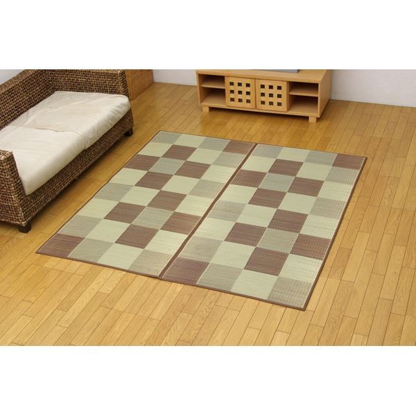 日本製 い草 花ござ/ラグマット ブロック柄 ブラウン 江戸間2畳 174×174cm 裏：ウレタン 防傷 抗菌 防臭 調湿 〔リビング〕代引NG カーペット・マット・畳 マット