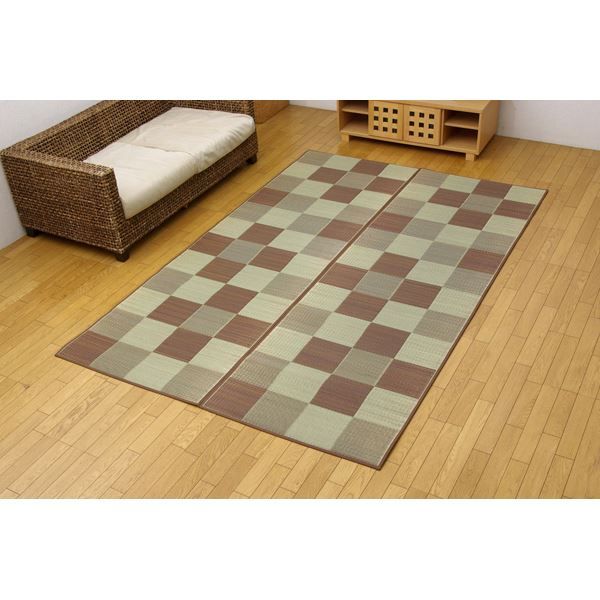 日本製 い草 花ござ/ラグマット ブロック柄 ブラウン 江戸間10畳 約435×352cm 裏：ウレタン 防傷 抗菌 防臭 調湿代引NG カーペット・マット・畳 マット
