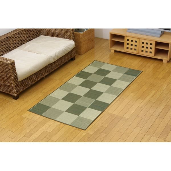 日本製 い草 花ござ/ラグマット ブロック柄 グリーン江戸間1畳 87×174cm 裏：ウレタン 防傷 抗菌 防臭 調湿 〔リビング〕代引NG カーペット・マット・畳 マット