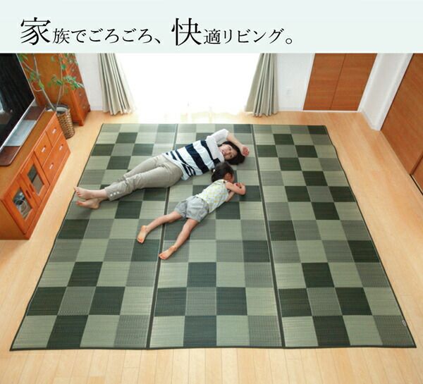 日本製 い草 花ござ/ラグマット ブロック柄 グリーン江戸間1畳 87×174cm 裏：ウレタン 防傷 抗菌 防臭 調湿 〔リビング〕代引NG カーペット・マット・畳 マット