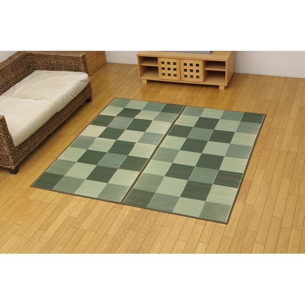 日本製 い草 花ござ/ラグマット ブロック柄 グリーン 江戸間2畳 174×174cm 裏：ウレタン 防傷 抗菌 防臭 調湿 〔リビング〕代引NG カーペット・マット・畳 マット