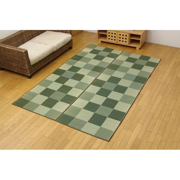 日本製 い草 花ござ/ラグマット ブロック柄 グリーン 江戸間8畳 約348×352cm 裏：ウレタン 防傷 抗菌 防臭 調湿代引NG カーペット・マット・畳 マット