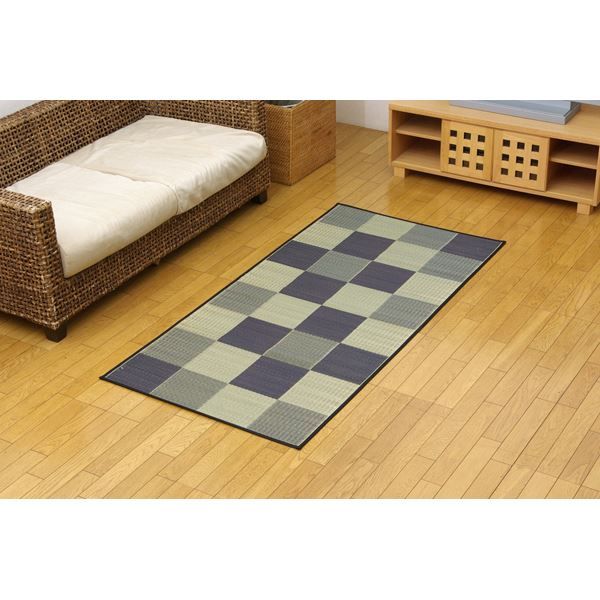 日本製 い草 花ござ/ラグマット ブロック柄 グレー 江戸間1畳 87×174cm 裏：ウレタン 防傷 抗菌 防臭 調湿 〔リビング〕代引NG カーペット・マット・畳 マット