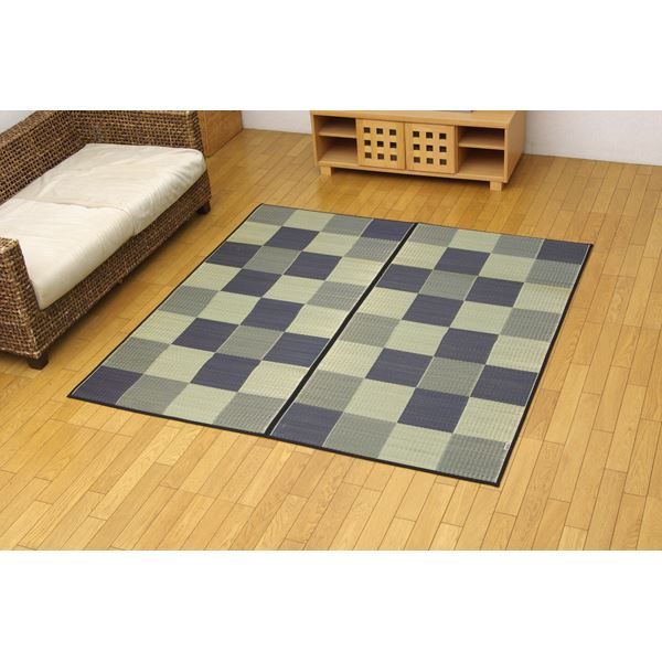 日本製 い草 花ござ/ラグマット ブロック柄 グレー 江戸間2畳 174×174cm 裏：ウレタン 防傷 抗菌 防臭 調湿 〔リビング〕代引NG カーペット・マット・畳 マット