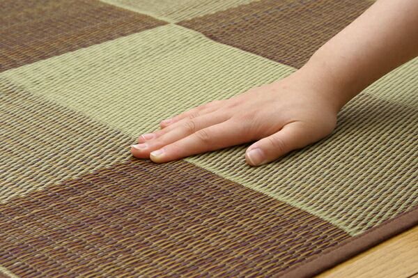 日本製 い草 花ござ/ラグマット ブロック柄 グレー 江戸間3畳 174×261cm 裏：ウレタン 防傷 抗菌 防臭 調湿 〔リビング〕代引NG カーペット・マット・畳 マット