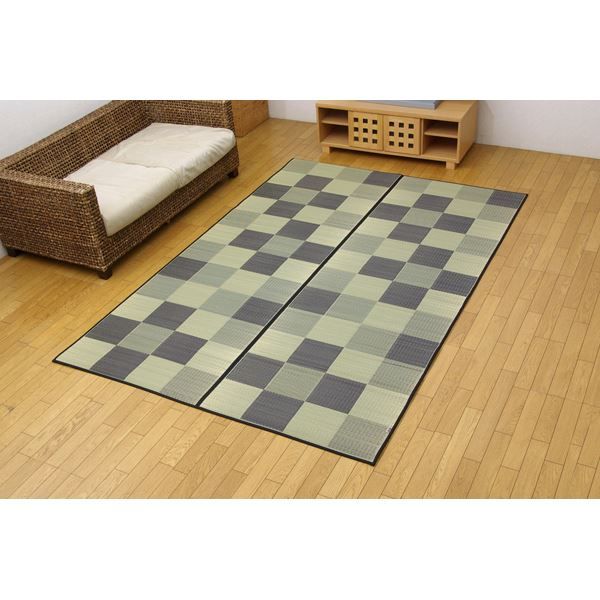 日本製 い草 花ござ/ラグマット ブロック柄 グレー 江戸間4.5畳 261×261cm 裏：ウレタン 防傷 抗菌 防臭 調湿 〔リビング〕代引NG カーペット・マット・畳 マット