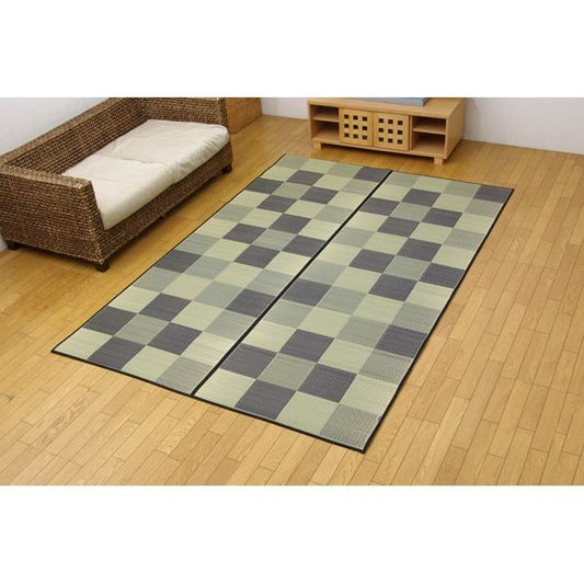 日本製 い草 花ござ/ラグマット ブロック柄 グレー 江戸間10畳 約435×352cm 裏：ウレタン 防傷 抗菌 防臭 調湿代引NG