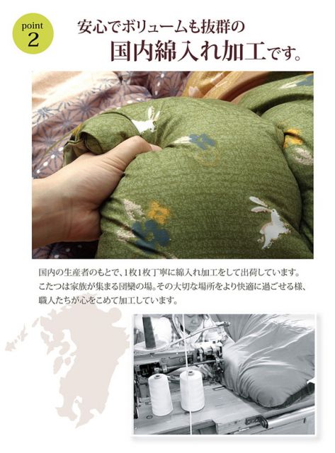 和柄 こたつ布団/敷布団セット うさぎ柄 長方形 グリーン 約205×315cm ピーチスキン 起毛 掛敷セット 〔リビング〕代引NG
