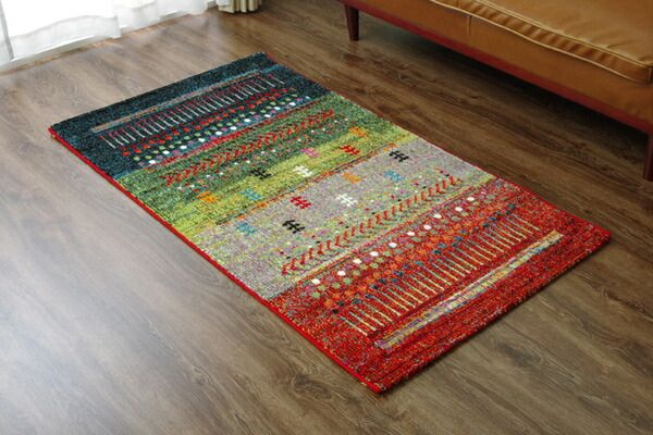 ラグマット/絨毯 グリーン 約80×140cm ギャッベ柄 抗菌 防臭 トルコ製 ウィルトン織 耐久性 通年使用可 〔リビング〕代引NG