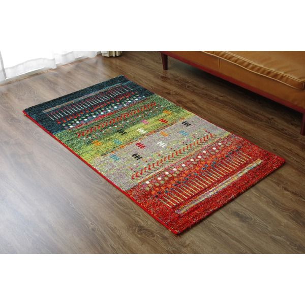 ラグマット/絨毯 グリーン 約80×140cm ギャッベ柄 抗菌 防臭 トルコ製 ウィルトン織 耐久性 通年使用可 〔リビング〕代引NG