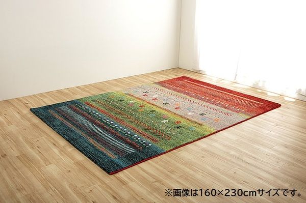 ラグマット/絨毯 グリーン 約133×190cm ギャッベ柄 抗菌 防臭 トルコ製 ウィルトン織 耐久性 通年使用可 〔リビング〕代引NG