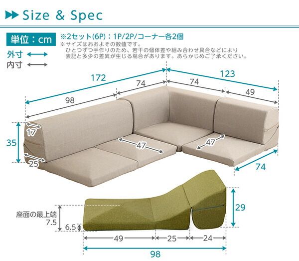 コーナー付き ローソファー 〔 3Pセット × 同色2点セット ターコイズブルー 〕 幅約98cm 分割タイプ 洗えるカバー 日本製 リクライニング フロアソファー リビングソファ代引NG