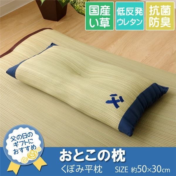 い草 枕/ピロー くぼみ平枕 約50×30cm 中材：低反発ウレタンチップ おとこの枕 抗菌防臭 消臭機能 〔ベッドルーム 寝室〕代引NG 寝具 枕・抱き枕 枕