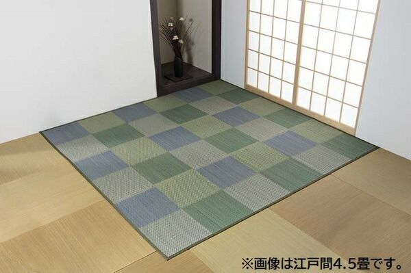 い草 ラグマット/花ござ 8畳 格子柄 市松柄 ブルー 本間8畳 約382×382cm 抗菌防臭 消臭 調湿 〔リビング〕代引NG