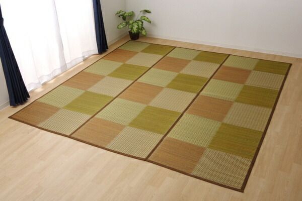 い草 ラグマット/花ござ 6畳 格子柄 市松柄 ブラウン 本間6畳 約286×382cm 裏：不織布 抗菌 防臭 消臭 調湿 〔リビング〕代引NG
