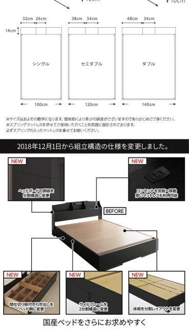 ヘッドボード付き 収納ベッド セミダブルサイズ 日本製ボンネルコイルマットレス付き 引出し2杯付き ライト付き 宮棚付き コンセント付き 国産フレーム 低ホルムアルデヒド  ブラック代引NG ベッド フレーム・マットレスセット