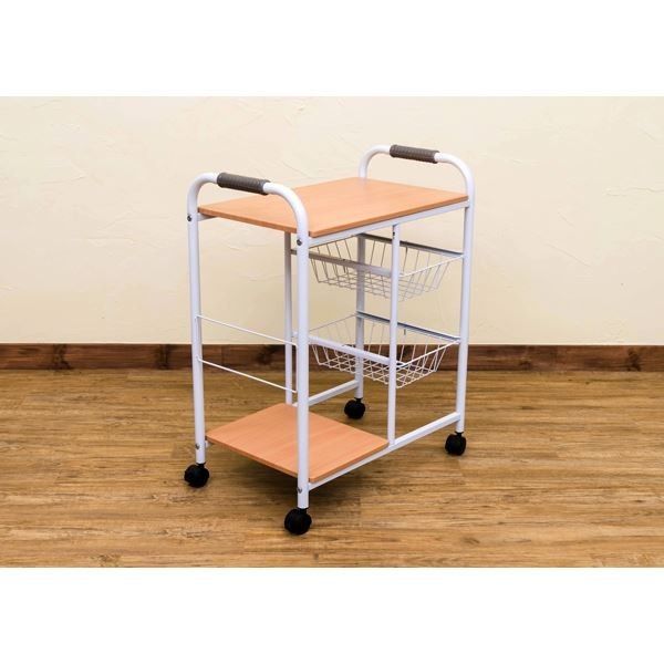 カゴ・棚付きキッチンワゴン/キッチン収納 ベージュ 幅56.5cm 網カゴ引き出し収納 キャスター付き代引NG 収納家具 キッチン収納 キッチンワゴン