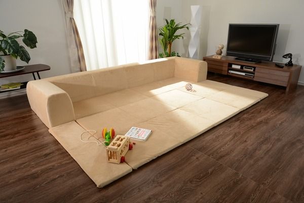 フロアソファー 折りたたみフロアマット付き Lサイズ 起毛生地 ベージュ 約幅250cm 洗えるカバー付き 日本製 〔リビング〕代引NG