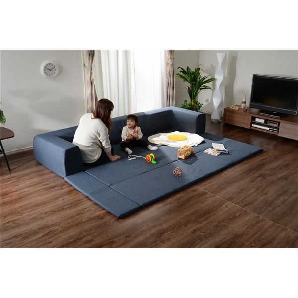 フロアソファー 折りたたみフロアマット付き L ブルー 約幅250cm 洗えるカバー付き 日本製 〔リビング〕代引NG