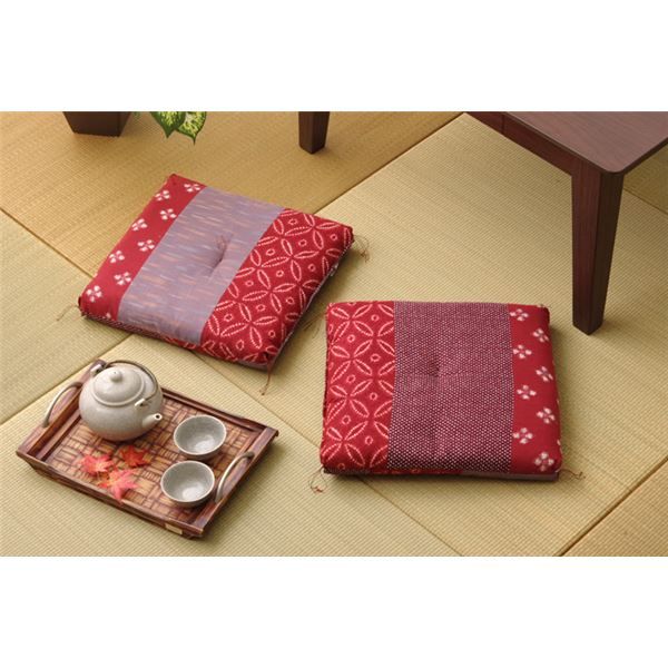 和柄 小座布団 エンジ 2枚組 側サイズ 約40×40cm 製品サイズ 約37×37cm 綿100％ 日本製 〔リビング 居間 店舗〕代引NG クッション・座布団 クッション
