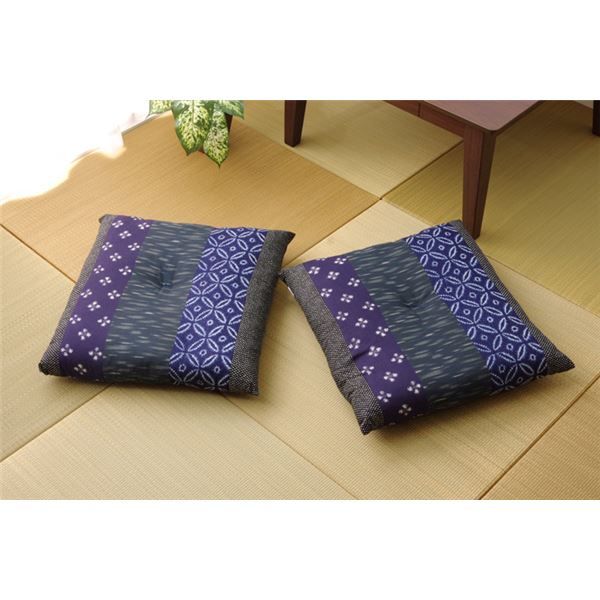 和柄 座布団 ブルー 2枚組 側サイズ 約55×59cm 製品サイズ 約52×56cm 綿100％ 日本製 ポリ綿 〔リビング 居間 店舗〕代引NG クッション・座布団 クッション