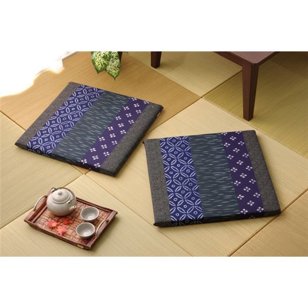 和柄 座布団 ブルー 約55×55cm 2枚組 綿100％ 日本製 絣和柄 座布団 〔リビング 居間 店舗〕代引NG クッション・座布団 クッション